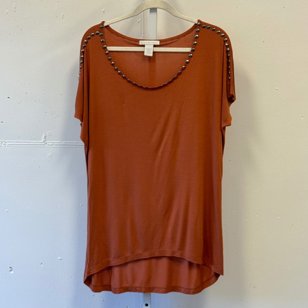 Design History Studded Scoop Neck High Low T-shirt Top Tunic Rust‎ Orange Large